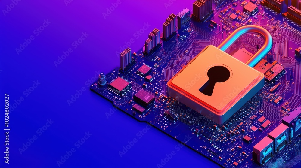 Poster digital security concept featuring a padlock on a circuit board against a vibrant gradient backgroun