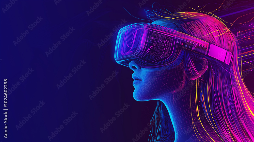 Poster girl in hi-tech vr glasses with elements of artificial intelligence. background in a high-tech style