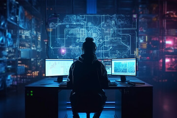  hacker silhouette. computer code. Faceless male hacker in front of animated computer code. hacker front of his computer committing digital cybercrime. cyberpunk. Generative AI