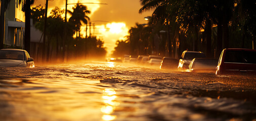Flooded street at sunset with reflections and mist creating a dramatic atmosphere.