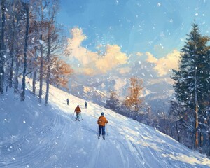 Skiers on background of mountains, people skiing, winter recreational activities