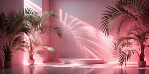 Serene Pink Room with Palm Shadows - Tranquil Interior Photography