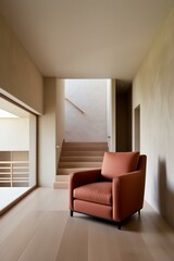 Fototapeta premium Terra cotta accent armchair in spacious room with steps and stucco wall. Minimalist, japandi interior design of modern living room.