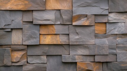 Close-up view of a textured stone wall made from rectangular and square slate tiles in gray and brown tones.