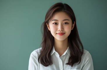 A young woman serene smile and elegant pose against a soft green setting emphasize her natural grace and allure.