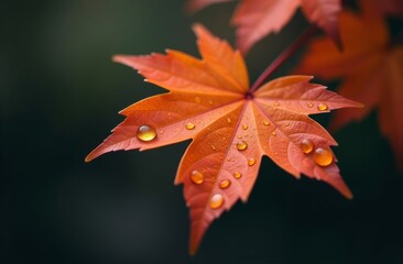 Orange Maple Leaf close-up with drops after rain on dark background