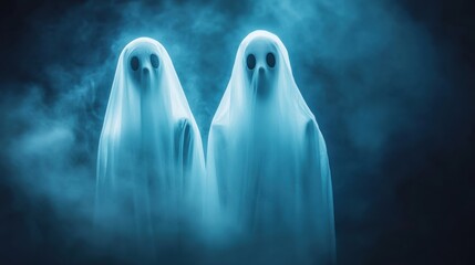 Two eerie ghosts stand in a misty, blue-lit atmosphere, creating a spooky ambiance, AI