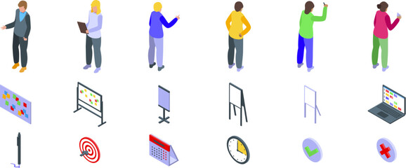 Scrum board icons set. Set of managers characters working on startup project using scrum agile methodology with kanban board, agile board, target, calendar, time management and more
