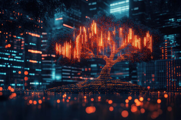 Fototapeta premium Futuristic Digital Tree in Neon Cityscape