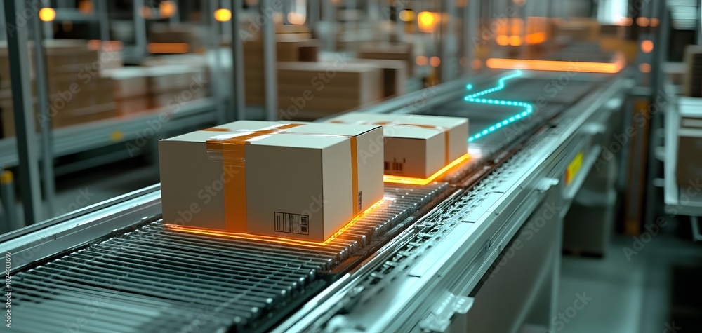 Poster automated conveyor system transporting packages in a modern warehouse for efficient logistic operati