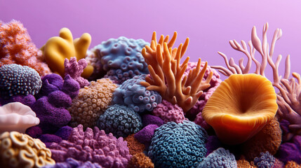 Obraz premium Colorful underwater scene with diverse coral formations including sponges, brain coral, and sea anemones on a purple gradient background.