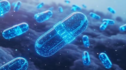A digital rendering of glowing blue capsules floating in a surreal environment, symbolizing technology in medicine and advanced pharmaceuticals against a cosmic backdrop.