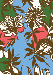 Big flowers pattern, upscale floral pattern. graphical textures floral, trendy colors pattern , flowers background with leaves. vector illustration,tropical,monochrome