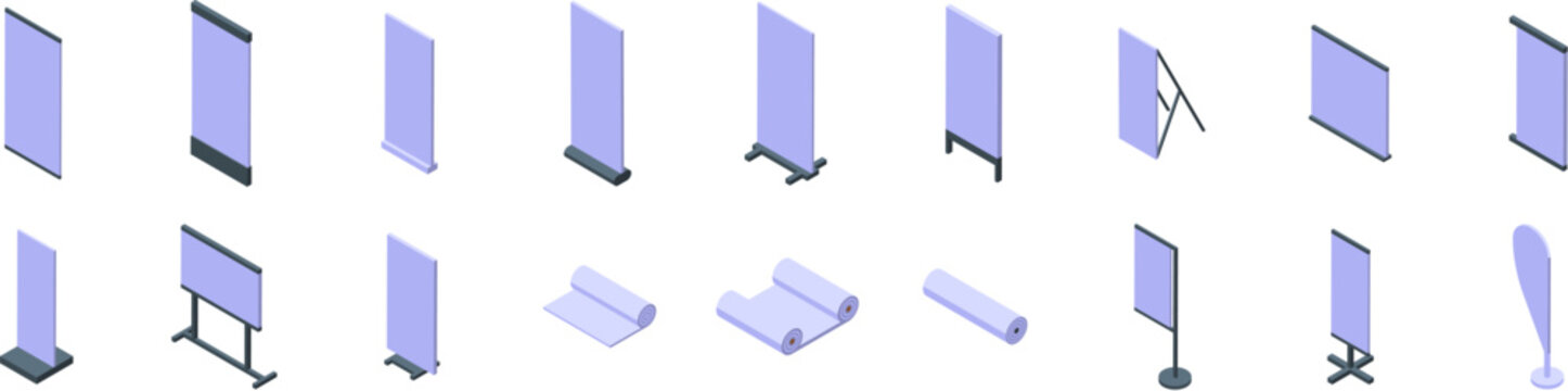 Rollup mockup icons set. Large set of different blank banner stands for outdoor and indoor advertising isometric view isolated on white background