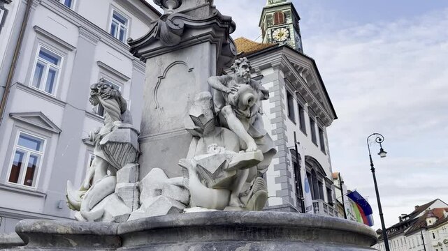Beautifully sculpted Robba Fountain in Mestni Trg, Ljubljana Old Town