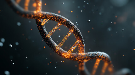 A close-up view of a DNA double helix structure, shimmering with golden light amongst a blurred dark background, representing genetics and molecular biology.