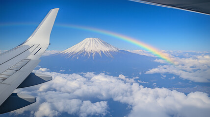 虹がかかる富士山を飛行機から眺める