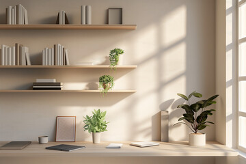 Office interior backdrop for online meetings. Light home office setting bookshelves background. Minimalist online workspace aesthetics. Video conferencing room design in pastel tones.