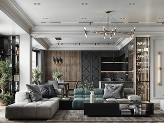 Modern and luxurious living room in a stylish concept design..