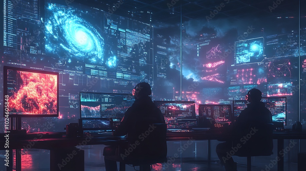 Wall mural scientists in a futuristic control center, analyzing storm systems and cloud activity using vr heads