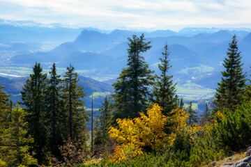 Breathtaking views in classic autumn light into the Inn Valley and the Bavarian foothills in autumn from Spitzstein, a popular hiking mountain (Bavarian-Tyrolean border)