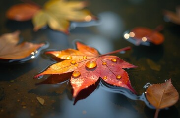 Autumn leaves close up with drops after, floating on the river