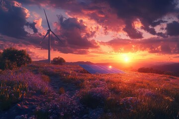 vivid sunset illuminating a landscape with a wind turbine and solar panel symbolizing renewable energy soft purple and orange hues fill the sky creating a hopeful atmosphere
