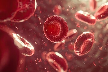 Blood cells floating through a plasma-filled vessel with reflections and detailed biological structures