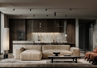 Modern and luxurious living room in a minimal concept design..