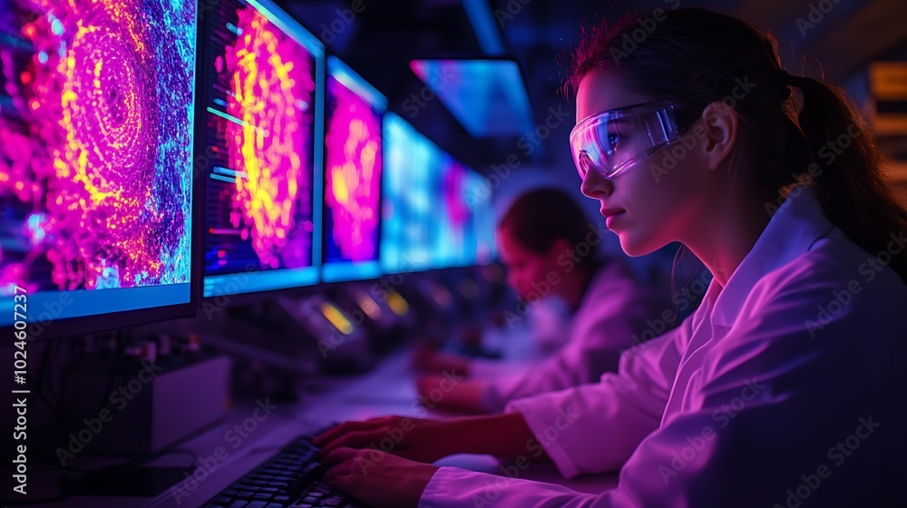 Wall mural scientists in a state-of-the-art research lab, studying atmospheric pressure patterns on dynamic dat