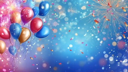 Celebration Fireworks and Balloons on a Sparkling Blue Background