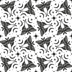 Monochrome seamless pattern with celestial luna moth and paisley motif. Stars and moons boho wallpaper. Nocturnal butterfly background.