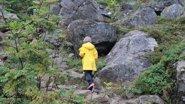 Children and adults, happy family with dog, climbing Festvagtinden via Heiavatnet trail in Norway