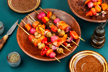 Vegetarian shashlik or kebab from vegetables.