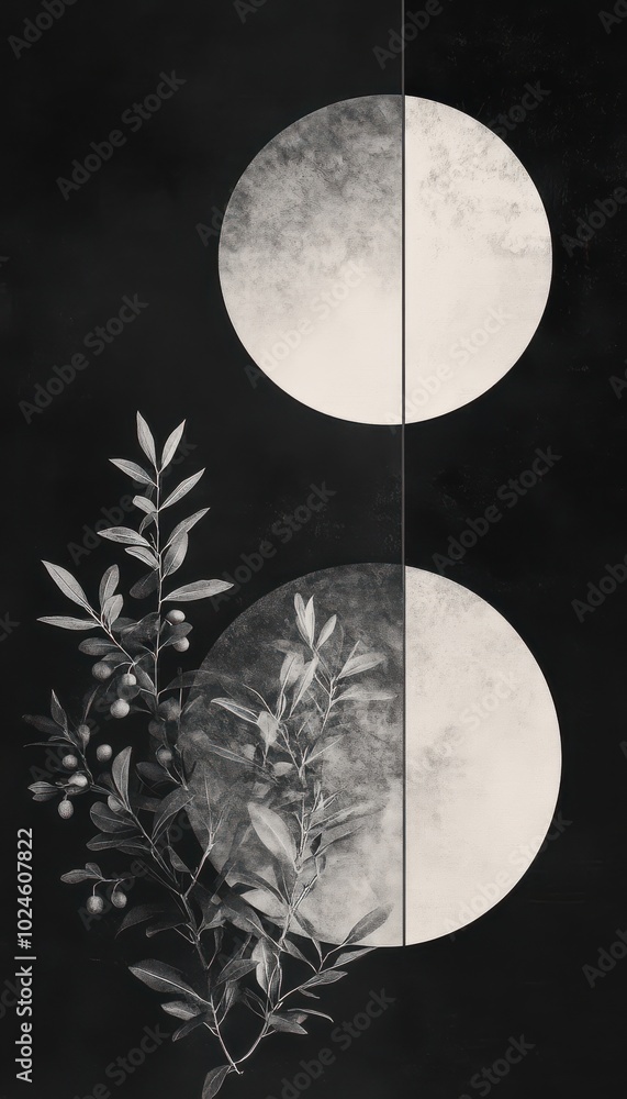 Poster minimalist design with two overlapping circles and delicate botanical elements on a dark background