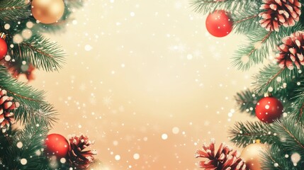 Festive Christmas Background with Pine Branches and Ornaments