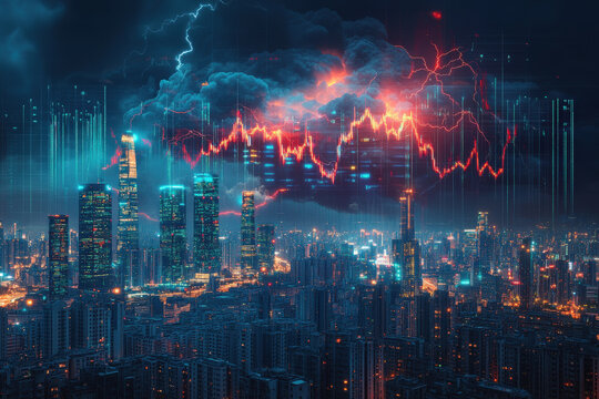 City Skyline with Digital Data and Red Graph Overlay - Powered by Adobe