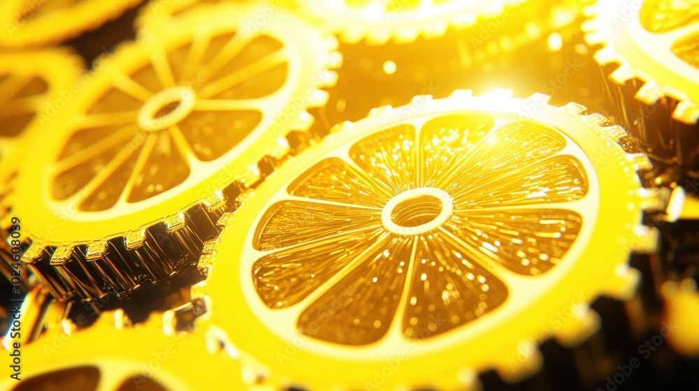 Poster golden gears with lemon slice design.