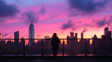 Obraz premium Dusk view of New York City’s skyline with vibrant pink and purple hues and a silhouette of a person admiring the scenery