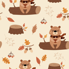 Obraz premium Autumn seamless pattern, with cute bear and seasonal object. Hand drawn vector illustration in flat style