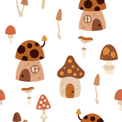 Autumn seamless pattern, with cute mushrooms. Hand drawn vector illustration in flat style