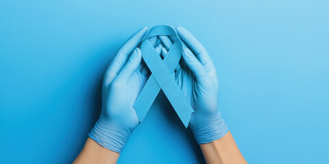 Hands in medical gloves holding blue ribbon, symbol commonly associated with diabetes awareness and support.