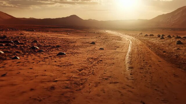 A barren landscape with tire tracks leading through rocky terrain under a warm sunset.