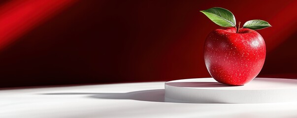 Red Apple on White Platform with Red Background.