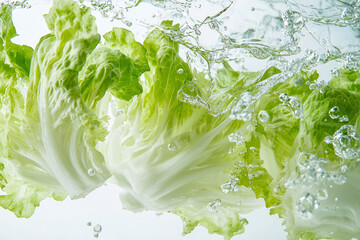 Swing of fresh iceberg lettuce on white background.
