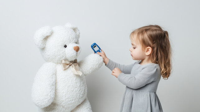 Little girl, child holding glucometer with her bear toy. World Diabetes Month in November