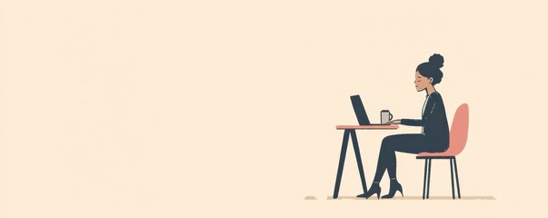 Minimalist flat illustration of a woman working at a desk, focused and serene in a modern office setting, with a coffee cup and laptop