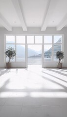 Empty Bright Open Plan Interior With Panoramic Windows, Minimalist Design, And White Walls.