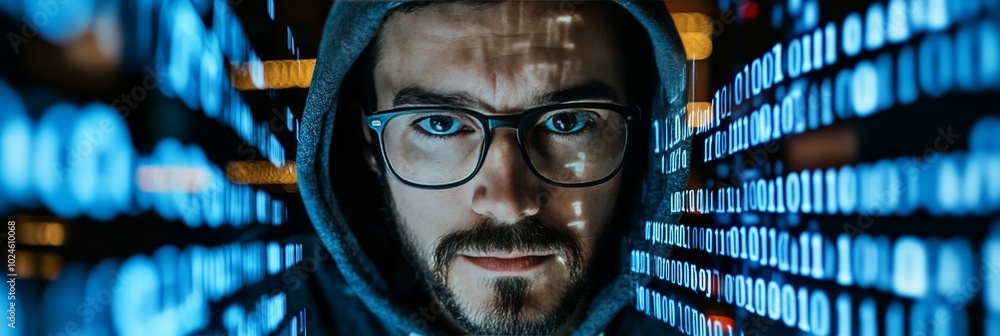 Poster serious male hacker in hoodie looking at screen with binary code reflecting in glasses in dark room