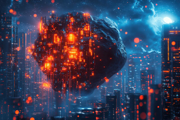 Fototapeta premium Futuristic City Skyline with Floating Fiery Meteor